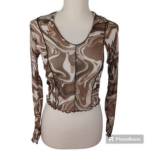 Self Esteem Crop Top XS -Brown/White Marble -Sheer -Long Sleeve -Collar